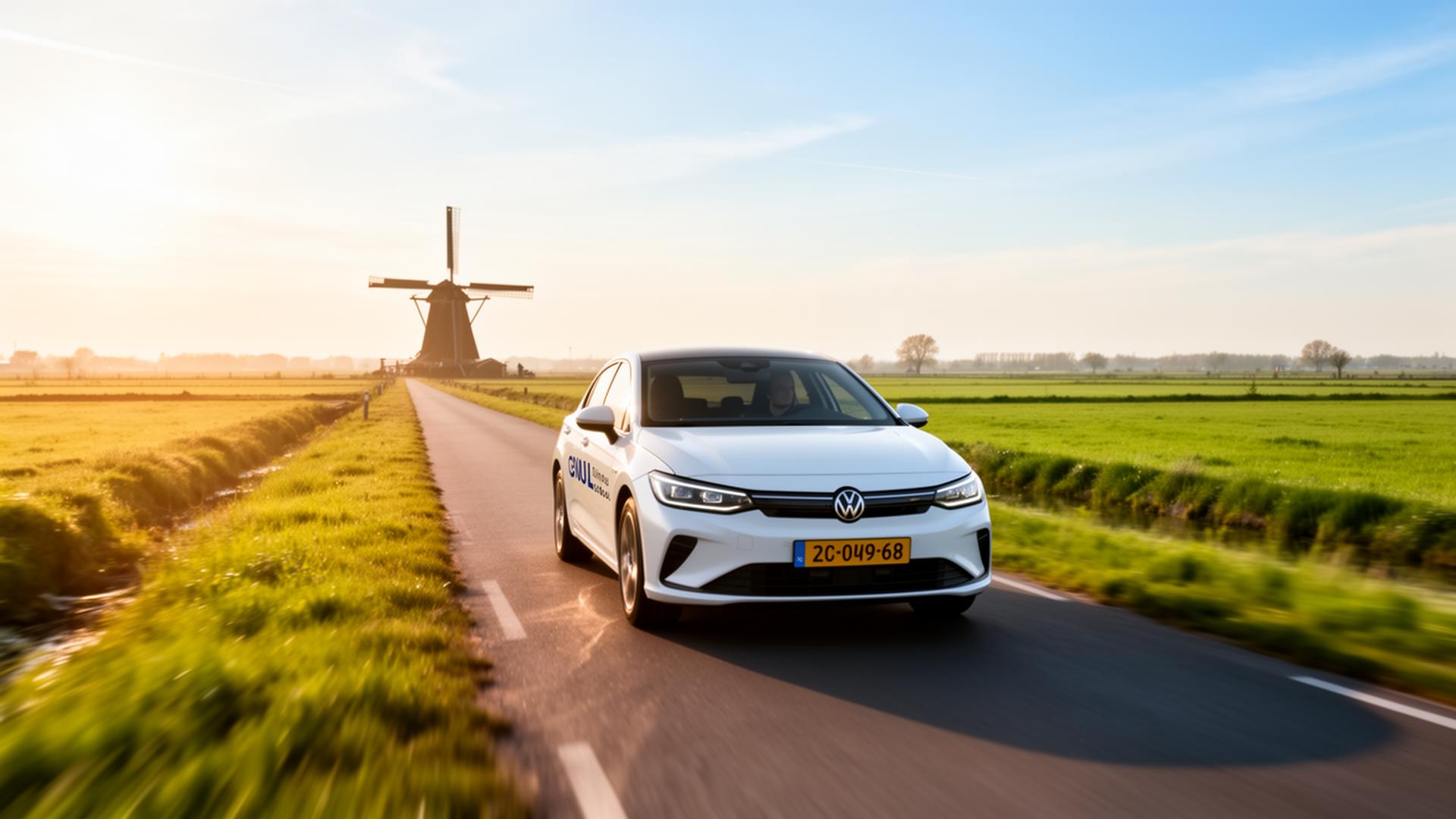 Moderne lesauto op een Nederlandse landweg bij gouden uur